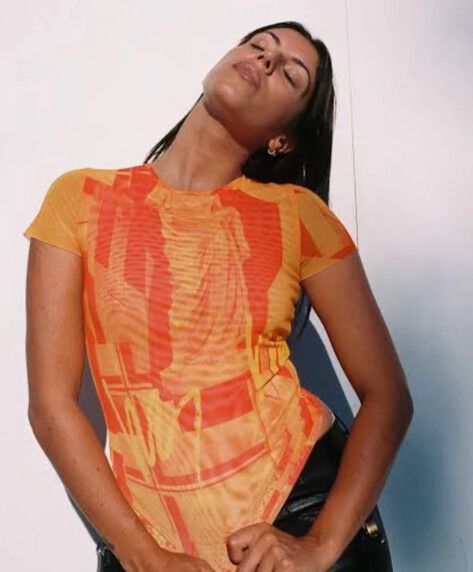 MIAOU Orange Mesh Mini Tshirt Size Large y2k Grunge Preppy Sheer Summer Holiday