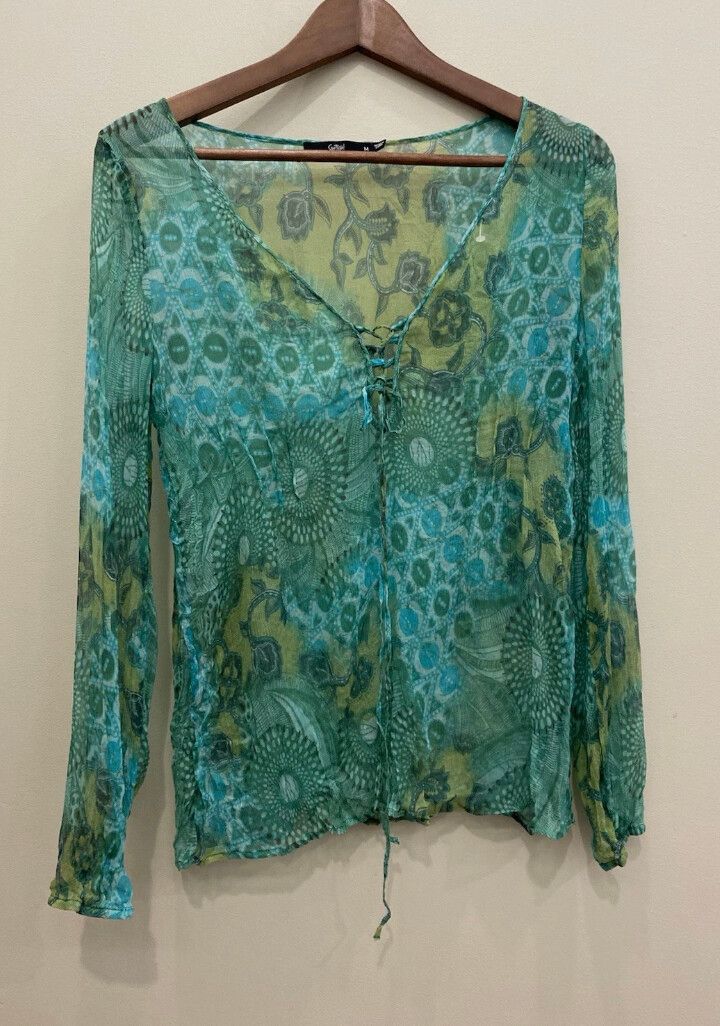 VINTAGE SPORTSGIRL Sheer Silk Paisley Blouse Size Medium Green Sheer Boho 70s
