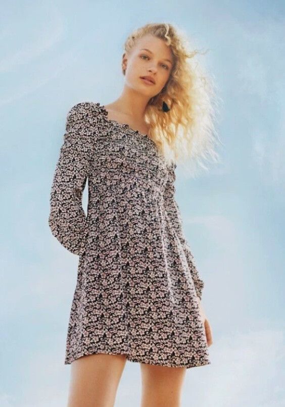 MAJE Floral Puff Sleeve Mini Dress Size 1/Small Rouched Bohemian Glam Garden