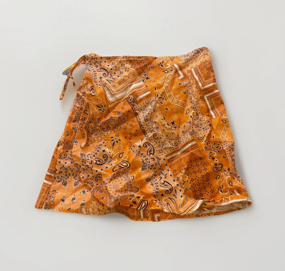 SISTER STUDIOS Orange Paisley Wrap Skirt Size 6/XS Summer Holiday Linen Beach