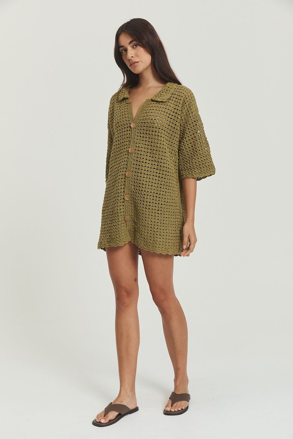 Opia - Opia Crochet Button Up Olive Green Dress Shirt on Designer Wardrobe