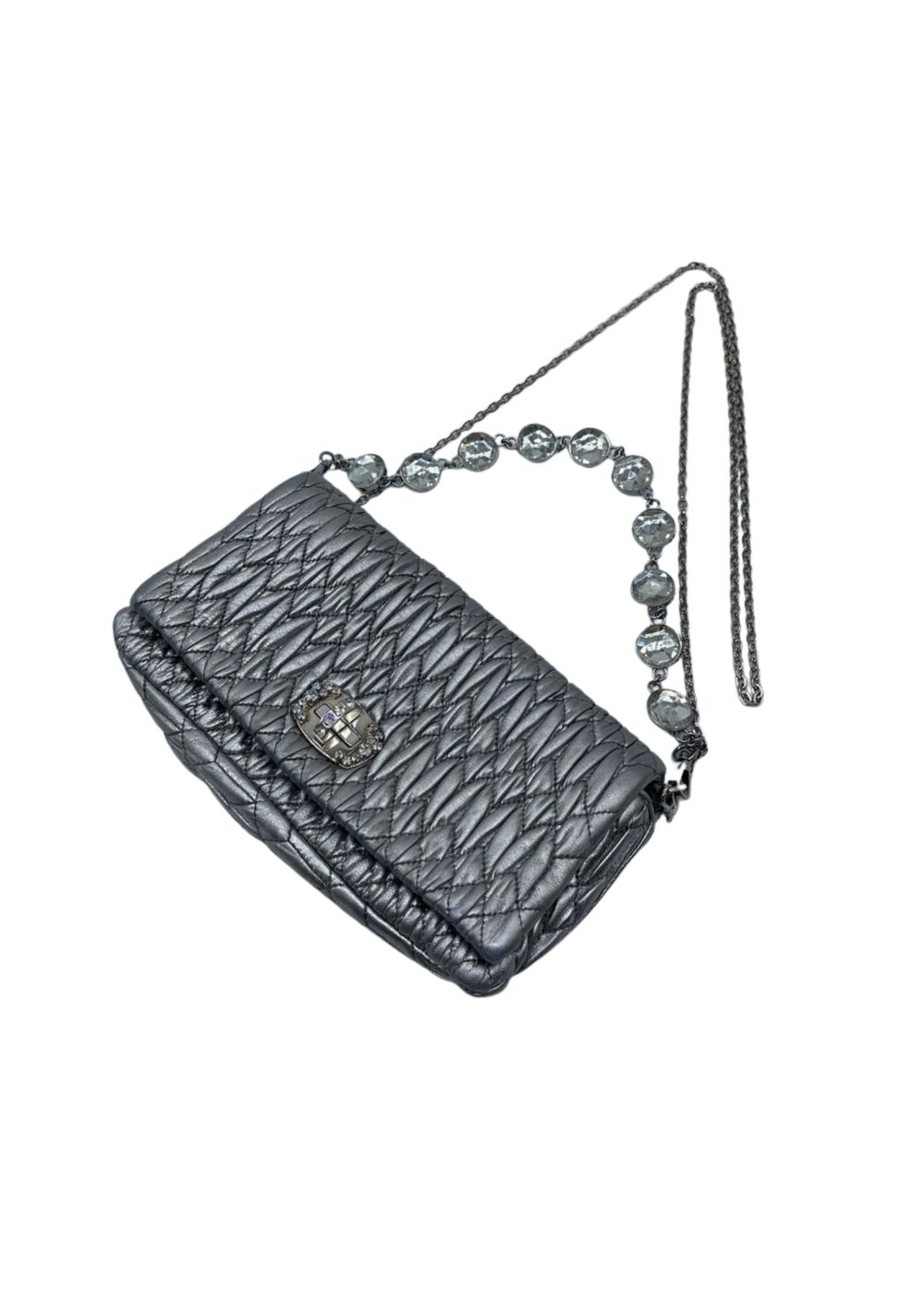 Miu Miu Cloque Nappa Leather Silver Crystal Clutch Bag
