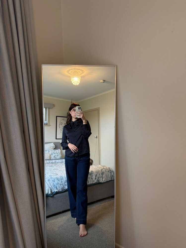 Navy Blue Long Sleeve Pussy Bow Blouse