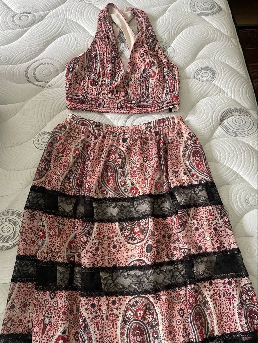 Pink Paisley Halter Top And Tiered Skirt Set