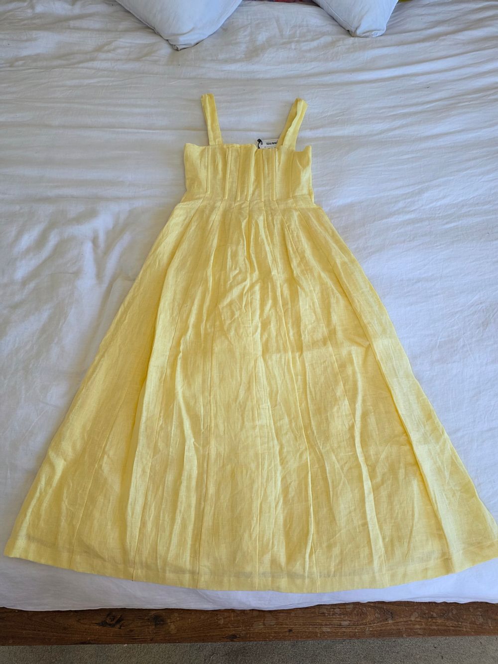 AERE Yellow Linen Seamed Detail Midi Dress