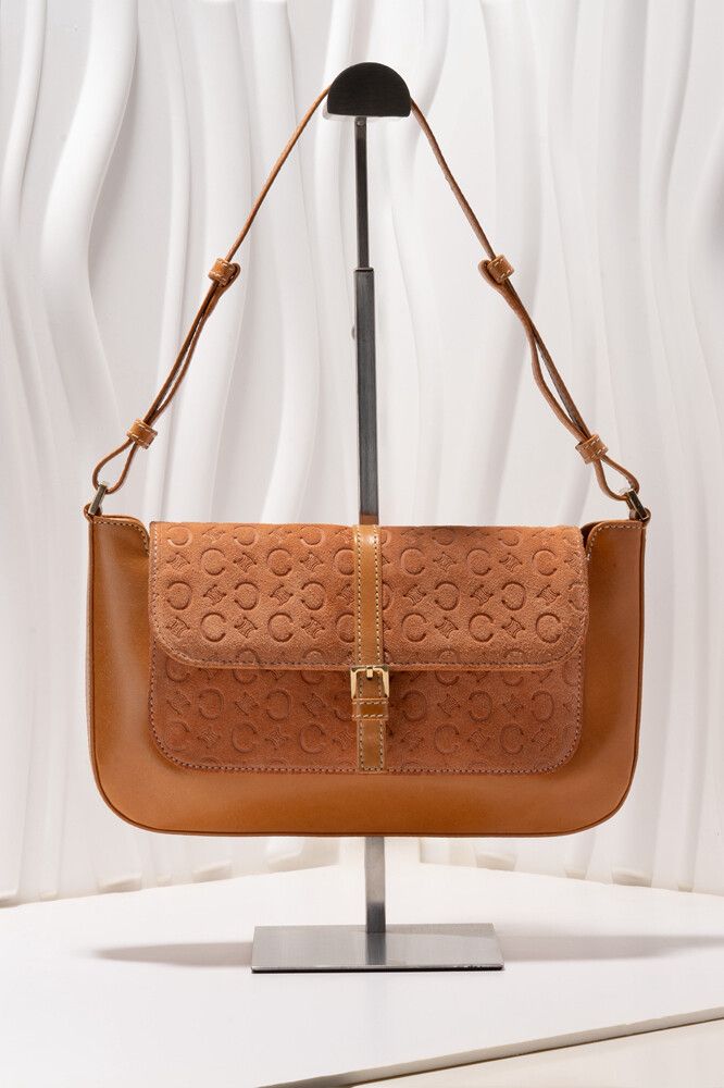 Authentic Celine Shoulder Bag – Tan Leather & Pink/orange Suede Monogram