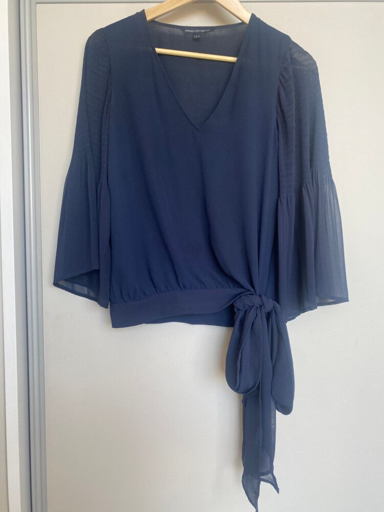French Connection Navy Flared Sleeve Top With Tie Waist