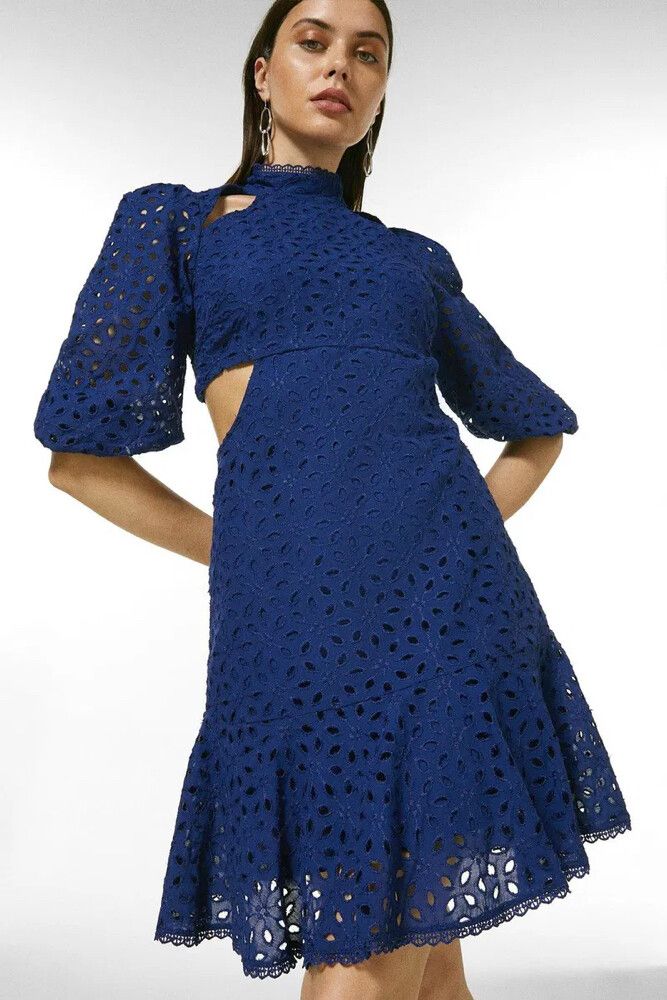 WHITE Cotton Broderie Cut Out Mini Dress - Size 8 BNWT