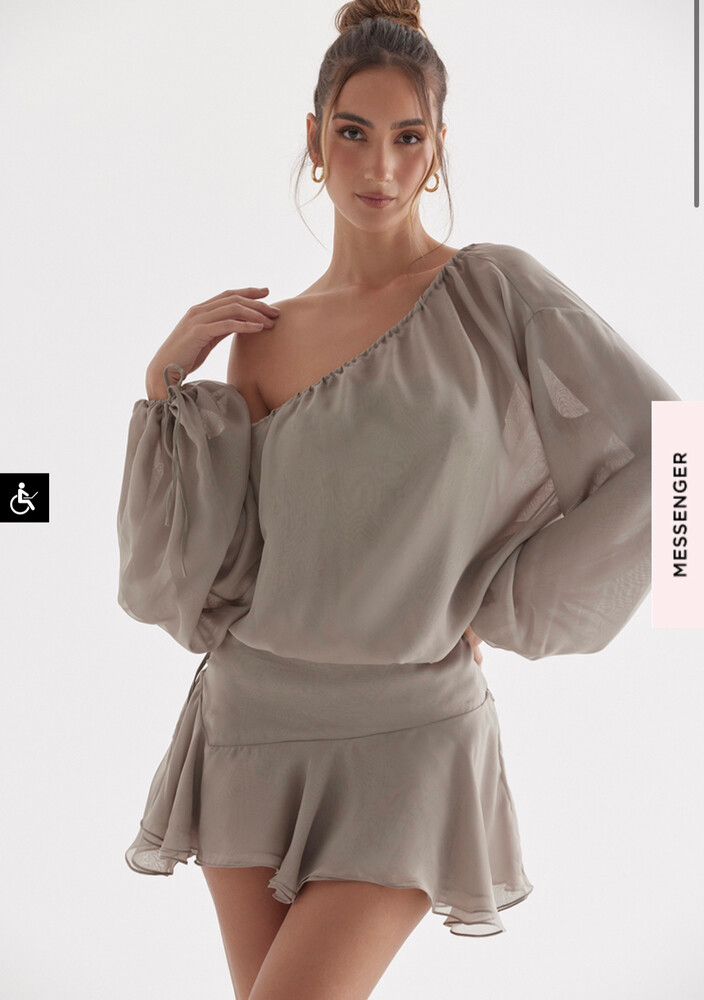 House of CB - WILHELMINA - ASH GREEN OFF SHOULDER DRE on Designer Wardrobe