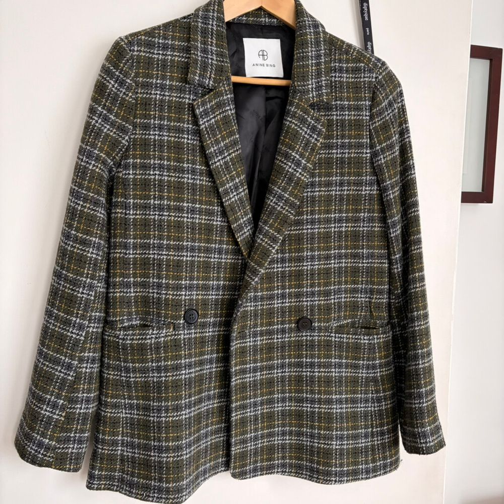 Anine Bing Green Plaid Tweed Blazer