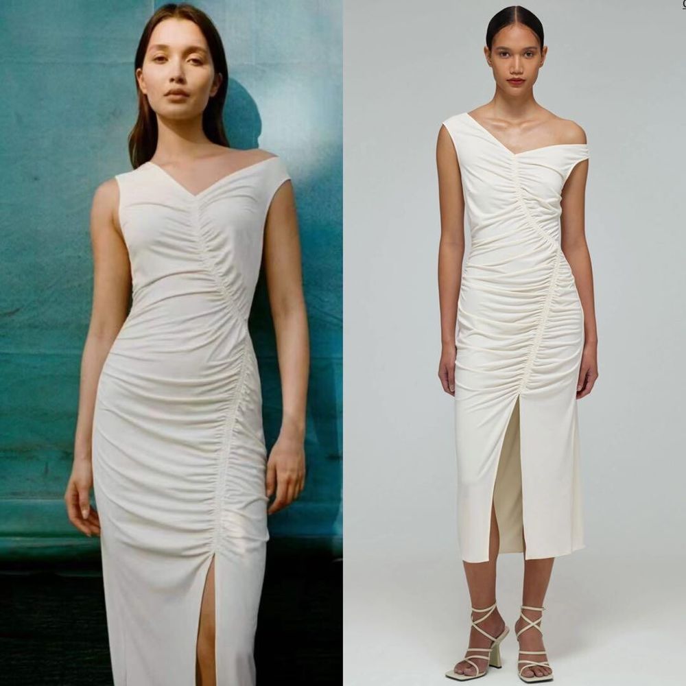 Ivory Jersey Gathered Asymmetric Midi Dress - Beige