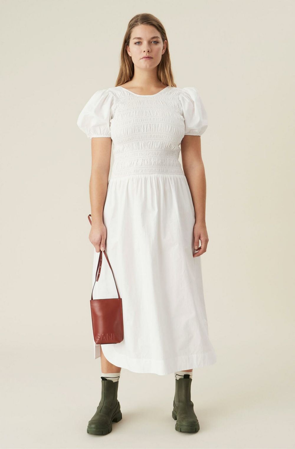 ganni shirred cotton-poplin midi dress GANNI Shirred Poplin Midi Dress | White