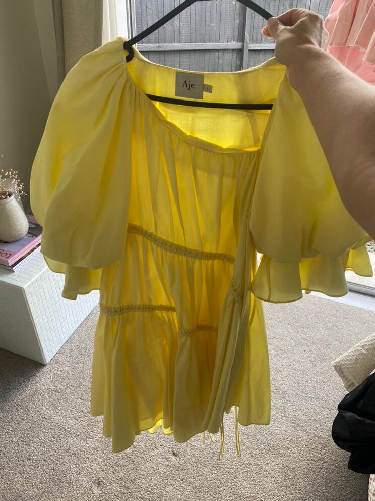 Aje - Aje Hushed Asymmetric Dress Lemon on Designer Wardrobe