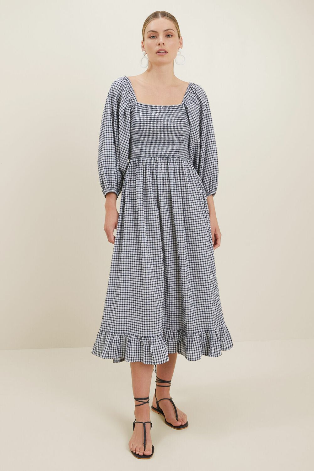 knee length dresses for ladies Valerie Green Gingham Cotton Shirred Midi Dress – L'Atelier London main image 0