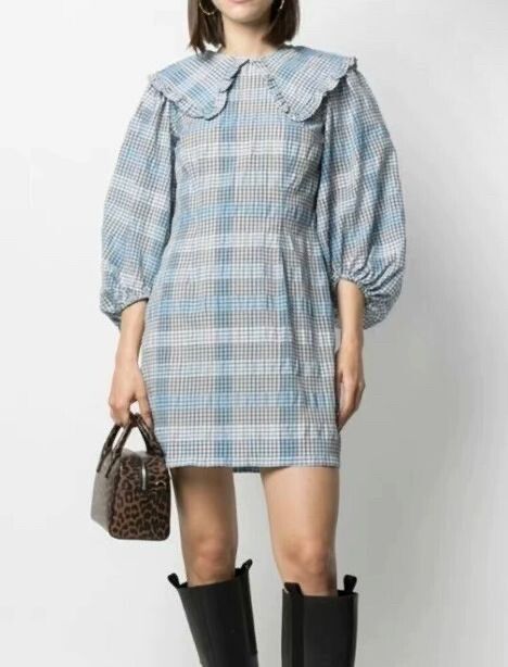 ganni blue plaid dress Finley Dress in Twilight Pine Plaid L