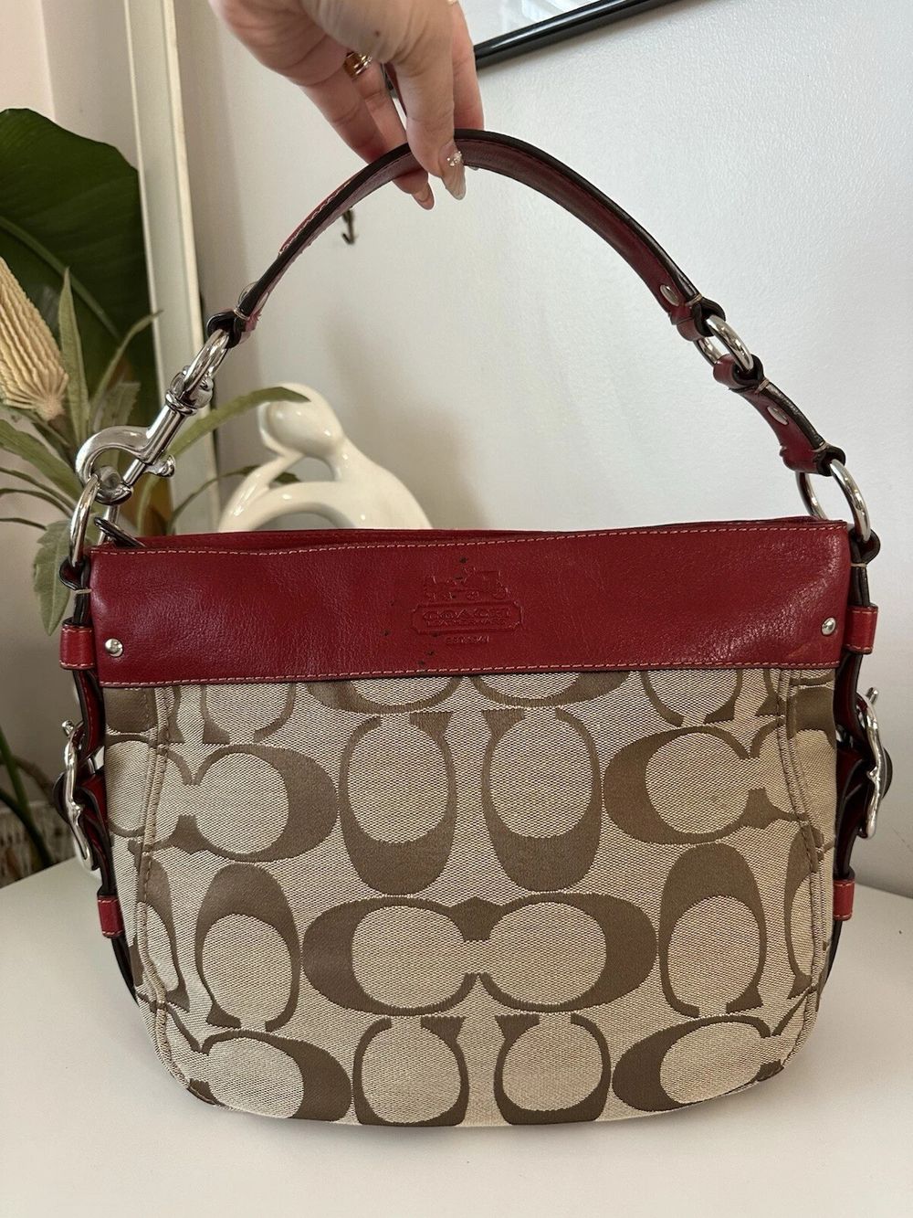 Coach - Coach Signature Classic Zoe Red Leather Khaki Canvas Hobo