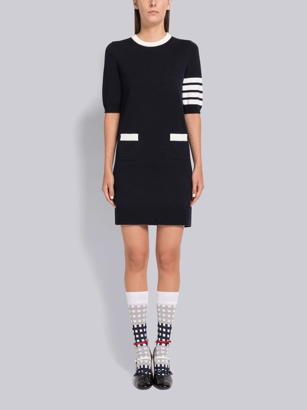 ★THOM BROWNE★ 4 Bar Stripe Short Sleeve Dress Navy FKD152A Cotton 4 Bar Milano Classic V Neck Cardigan | Thom Browne