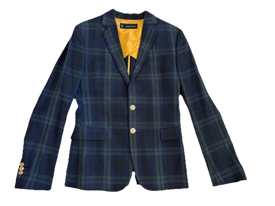 DSQUARED2 Size 48 Navy Green Blackwatch Plaid Cotton Sport Coat Blazer Jacket