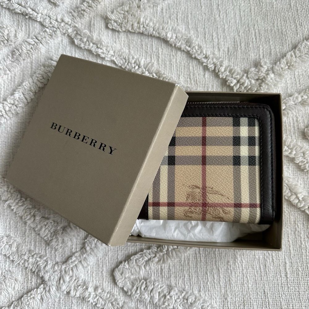 BURBERRY Brown Leather Haymarket Check Coated Canvas Compact Zip Wallet