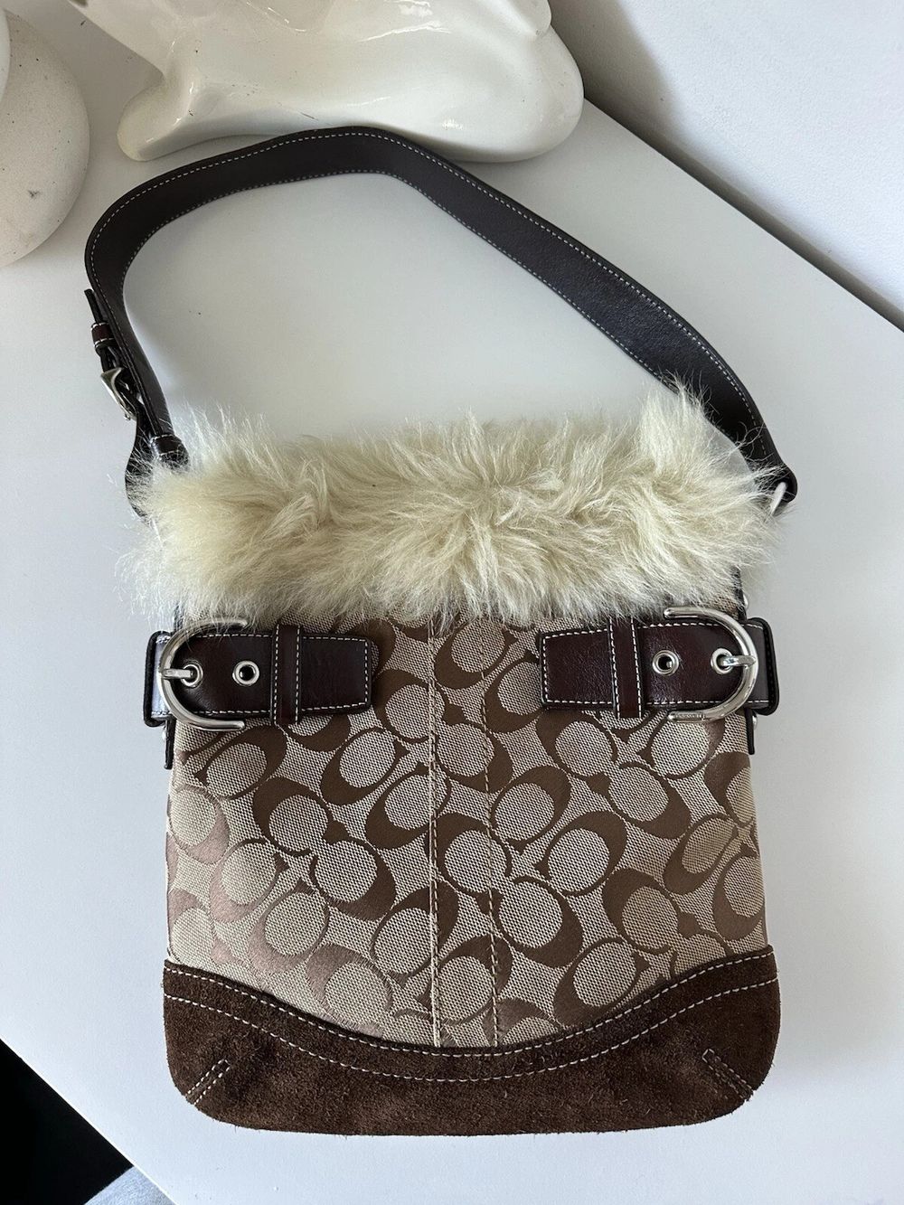 Vintage Coach Y2k Furry Classic Print Brown Shoulder Bag