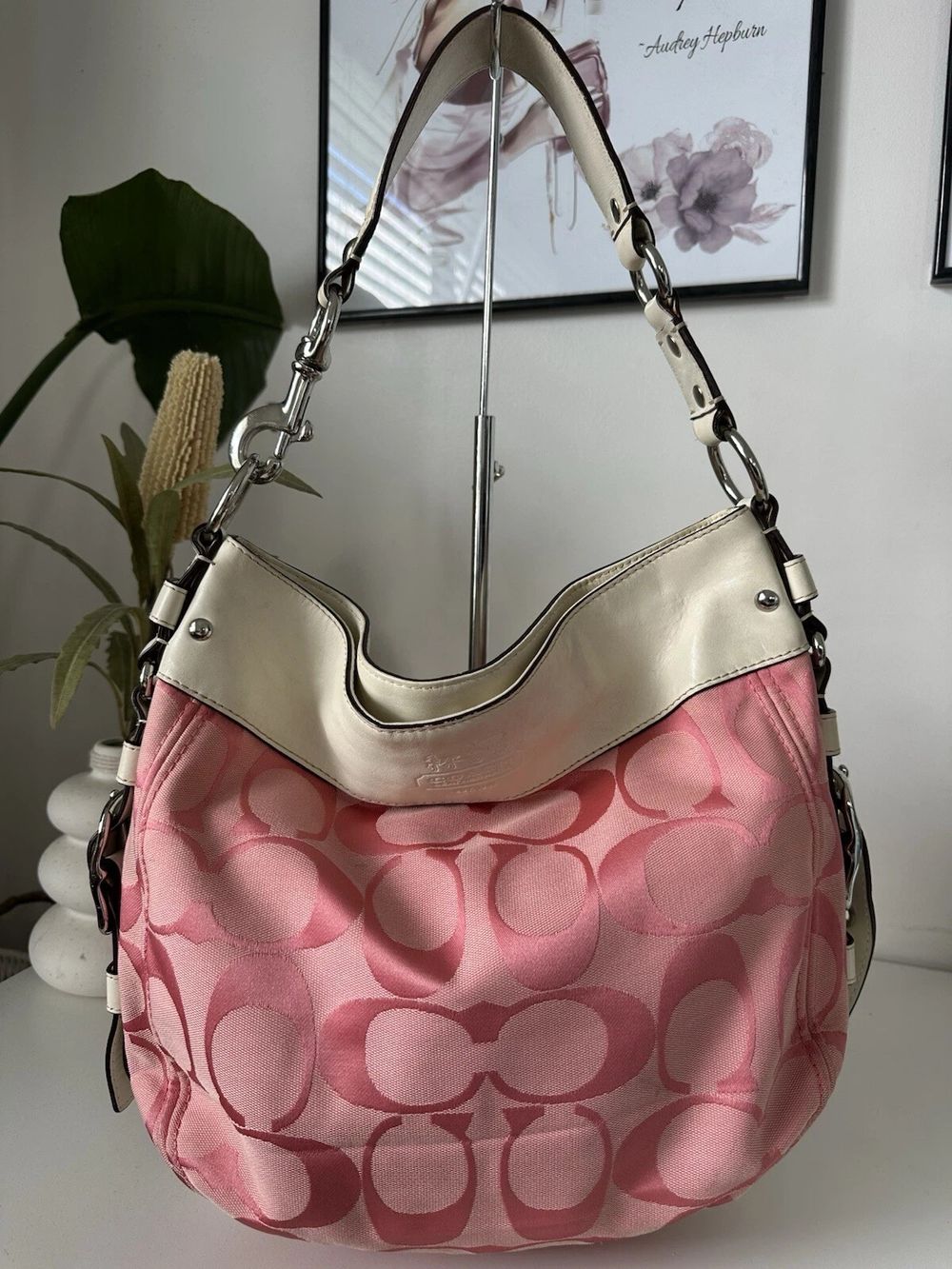 COACH “Zoe” Signature C logo Rose Pink/White Large Hobo Shoulder Bag