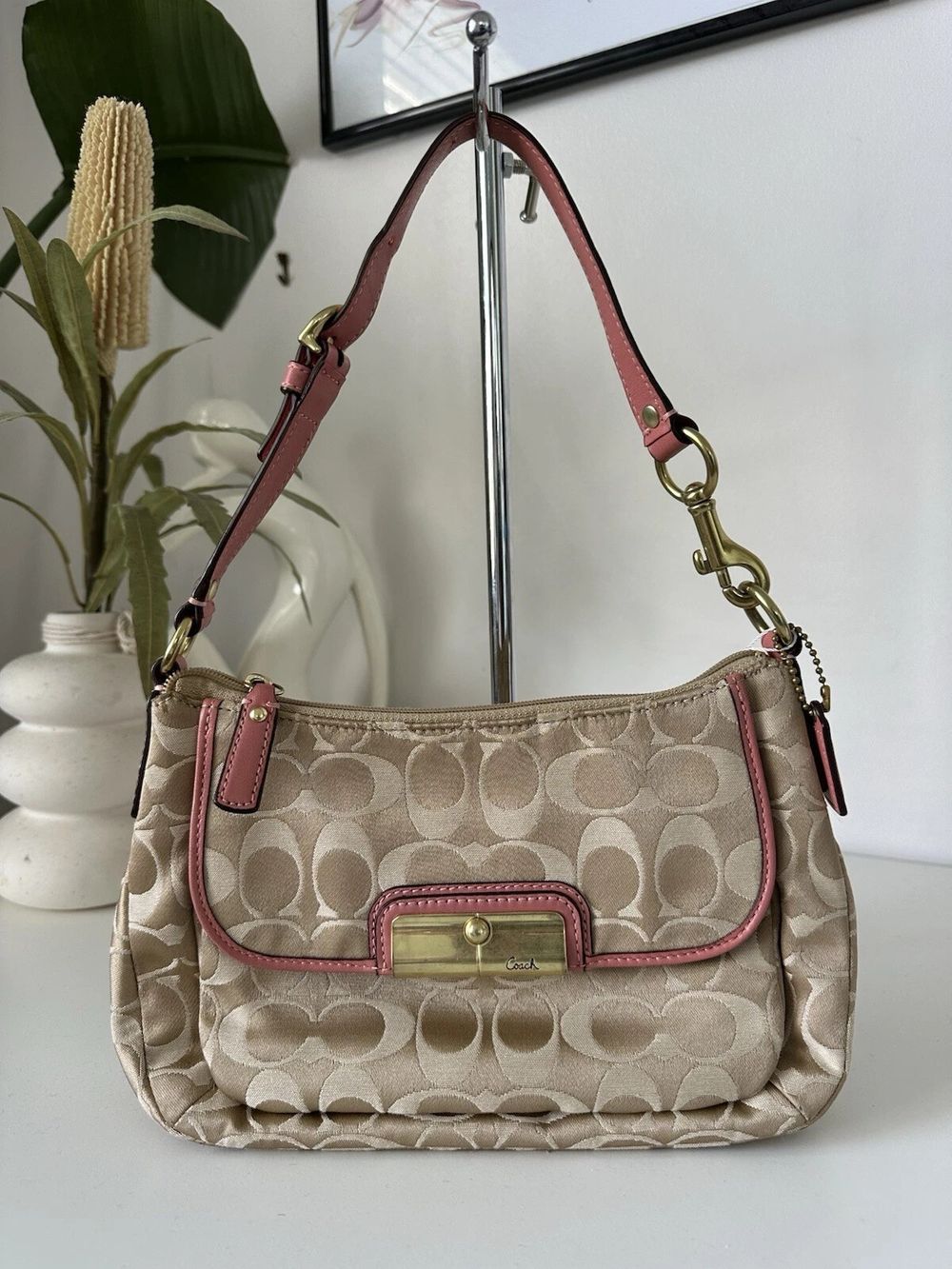 Coach Y2K Beige Canvas Peach Leather Trimming Mini Shoulder Bag