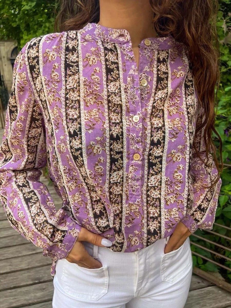 Isabel Marant Etoile Cotton Floral Purple Stripe Long Sleeve Blouse Top Sz 40