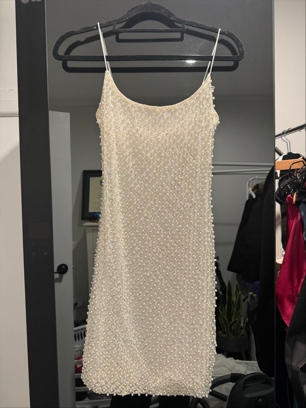 oh polly white pearl mini dress Embellished Structured A-Line Mini Dress in White - 2