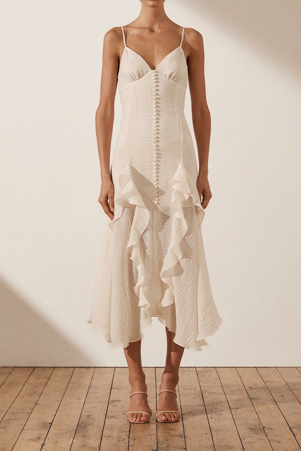 shona joy charlotte ruffle midi dress Shona Joy - Shona Joy Charlotte Contour Ruffle Cocktail Midi Dress