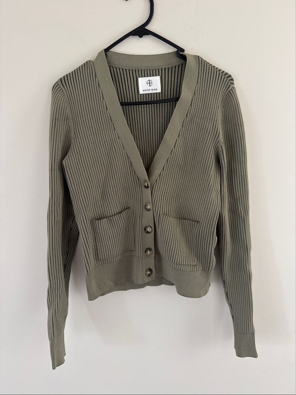 Anine Bing Green Ribbed Knit Cardigan