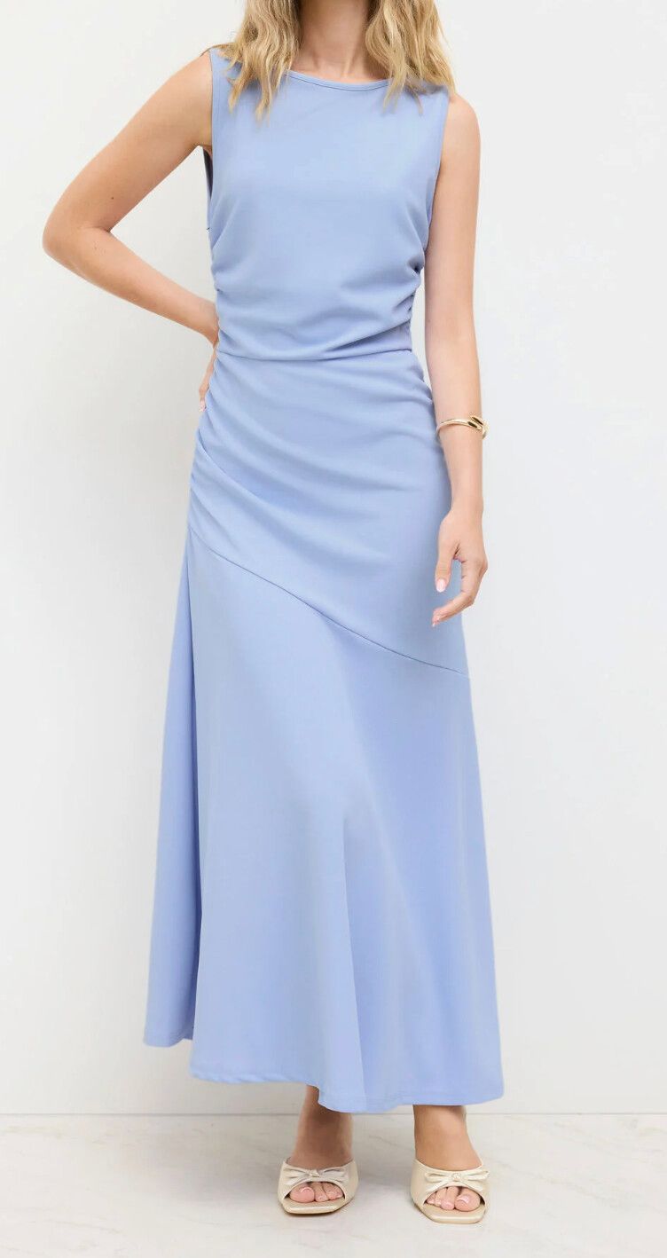 Cider - Boat Neck Solid Ruffle Ruched Maxi Dress on Designer Wardrobe