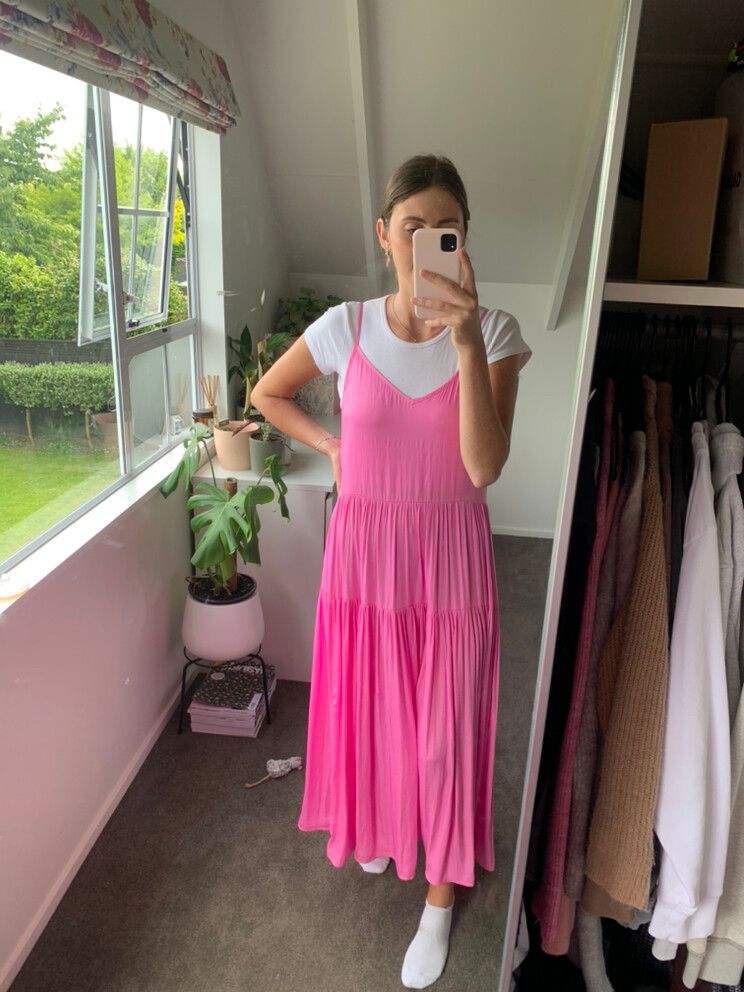 decjuba pink dress Vivian Shirred Midi Dress  Rose