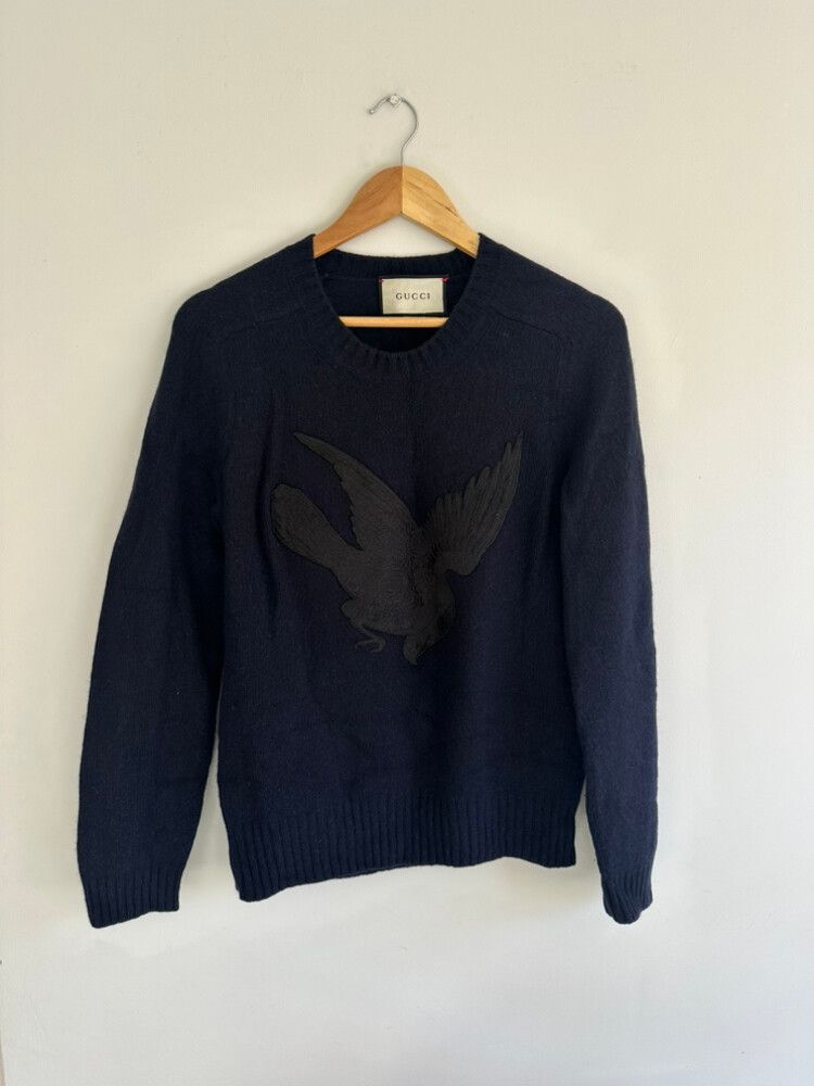 Gucci Blue Wool Cashmere Sweater eagle bird patch RRP $1090
