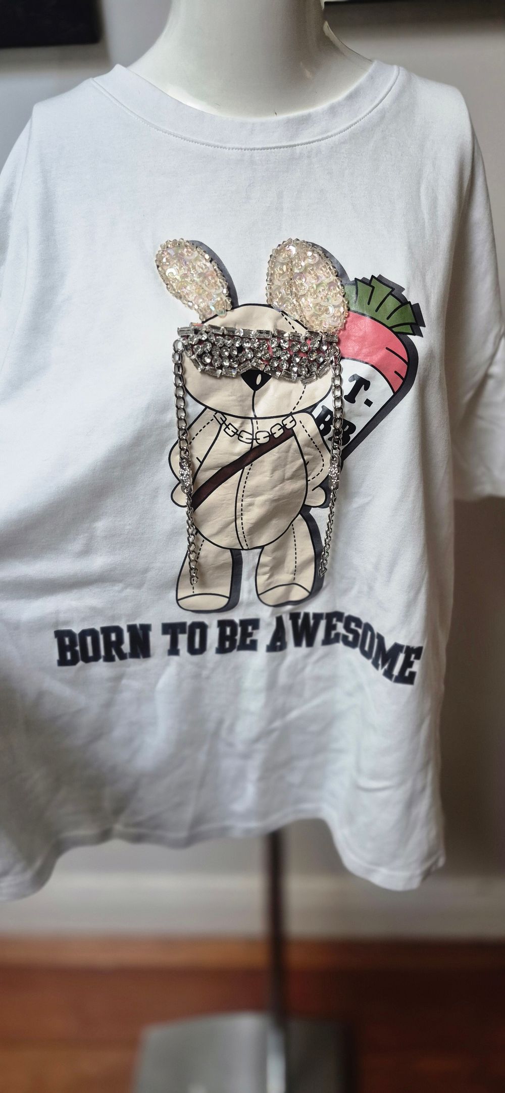 White Graphic T-Shirt With Embellished Bunny
