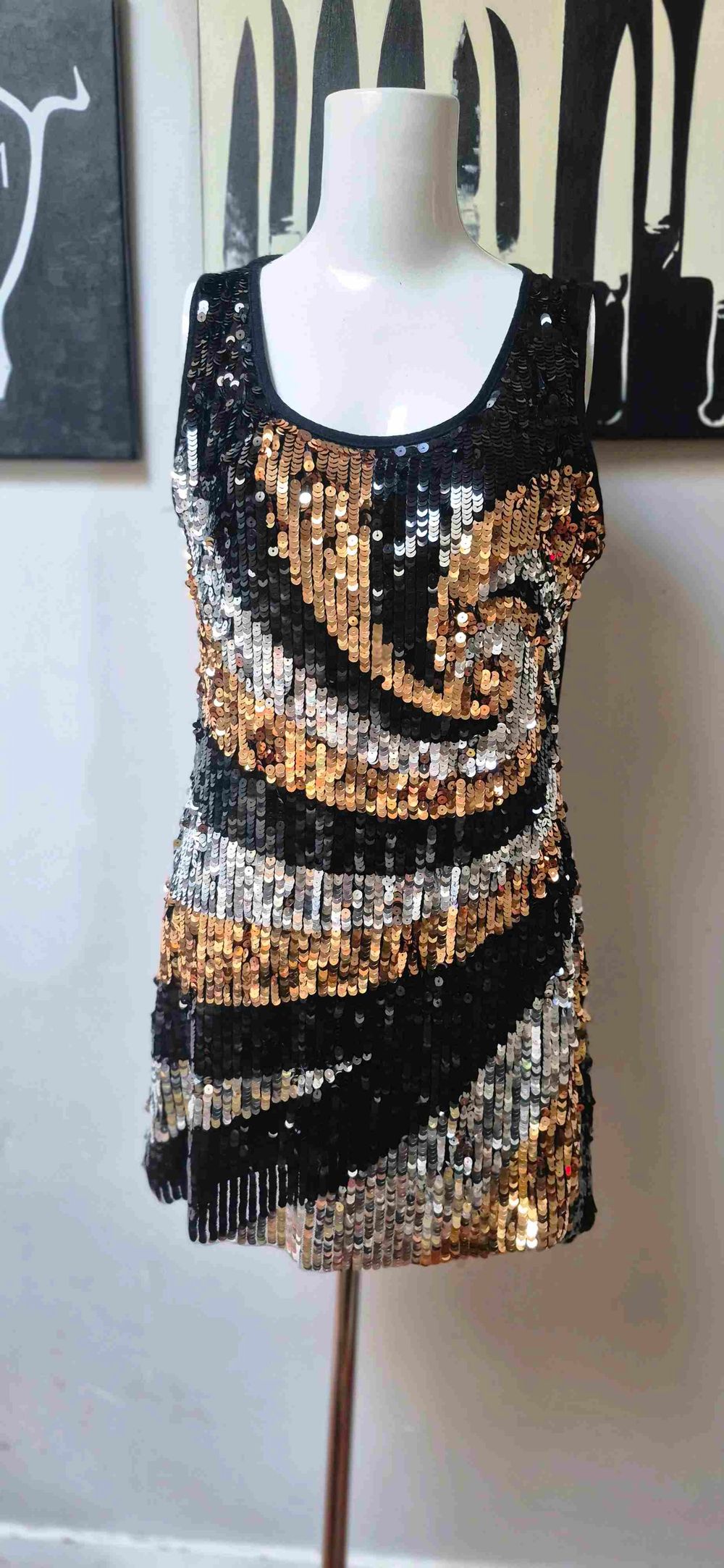 Izabel London Black Gold Silver Sequin Dress
