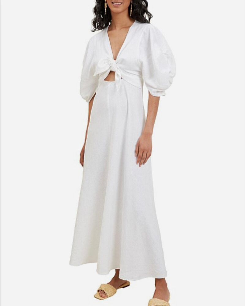 seed heritage white linen dress Seed Heritage Linen Puff Sleeve Sun Dress in Whisper White