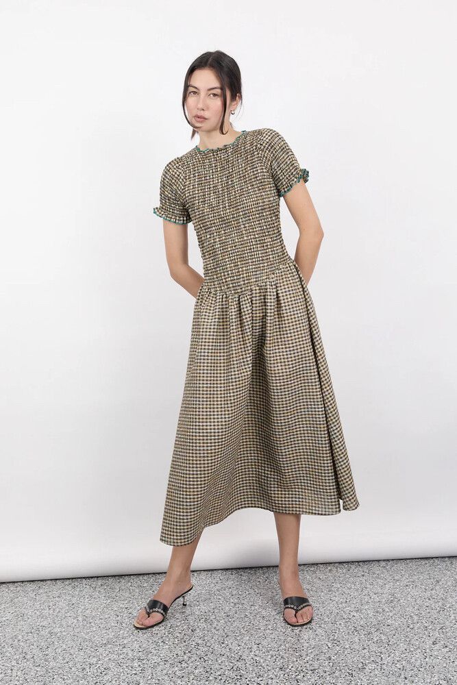 Aprs Studio - Biscuit Plaid Jessie Dress on Designer Wardrobe Aprs Studio - Biscuit Plaid Jessie Dress on Designer Wardrobe