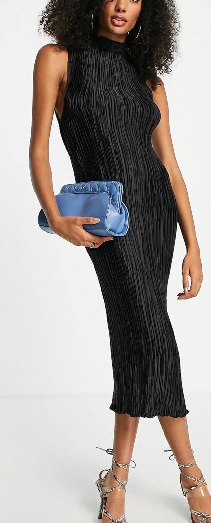 Black Satin Plisse Dress