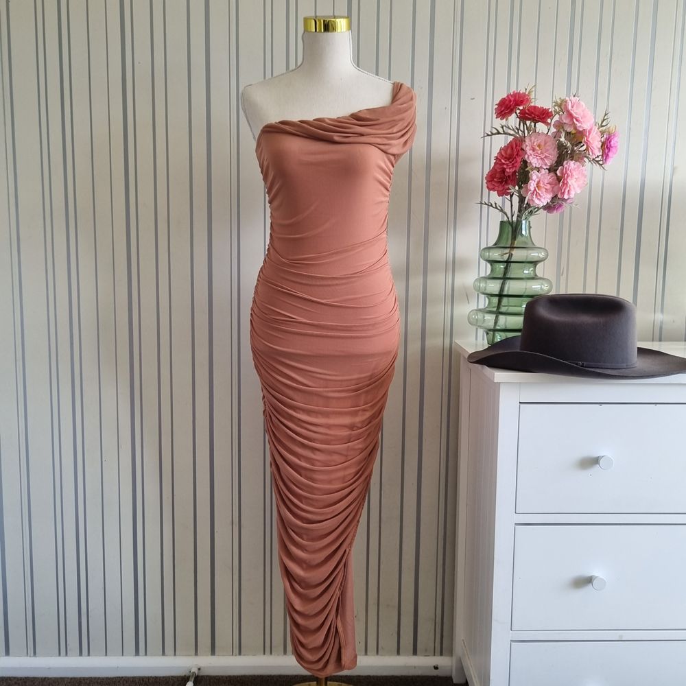 Billy J Pink Ruched One-Shoulder Maxi Dress