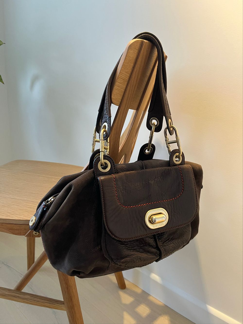 Kipling Genuine Leather Handbag | Chocolate Brown | Orange Stitching
