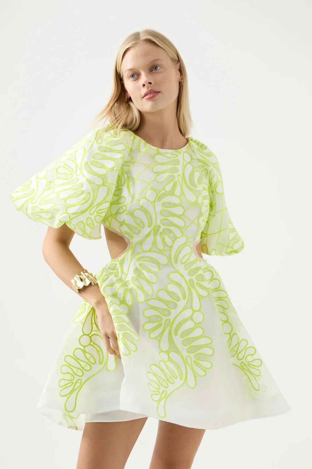 aje botanical applique puff-sleeve midi-dress Aje Botanical Applique Midi Dress Ivory/Citrus Yellow Size M / AU 10