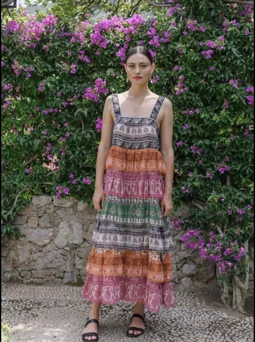 Zimmermann Amari Tiered Midi Tie Shoulder Dress Size 0