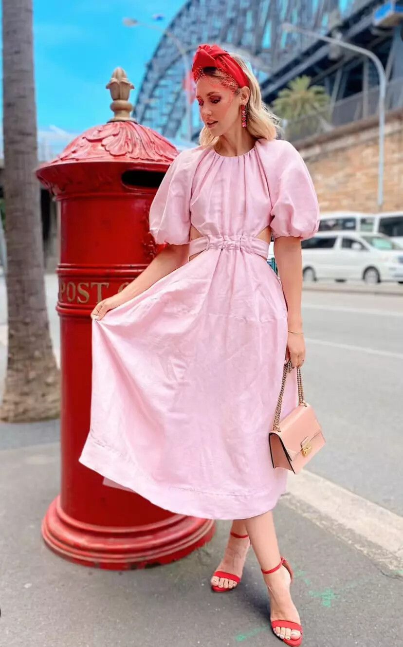 Aje Mimosa Midi Dress Size AU8 / S / US4 Pink Cutout Bow Back