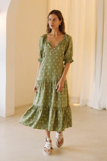 linen midi dress beige Linen Midi Dress – MAUVSTUDIO® main image 1