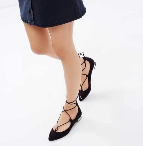 Suede Black Pointed Lace Up Flats