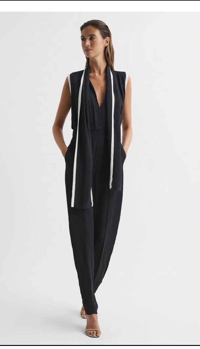 Reiss Celina Black and White Sleeveless Tie Jumpsuit
