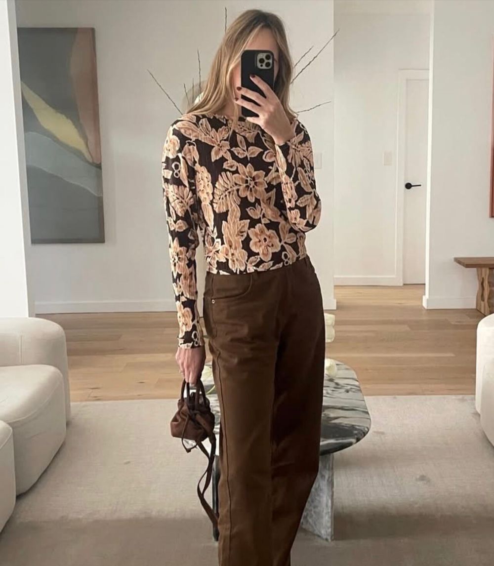 Wynn Hamlyn Brown Floral Crinkle Top