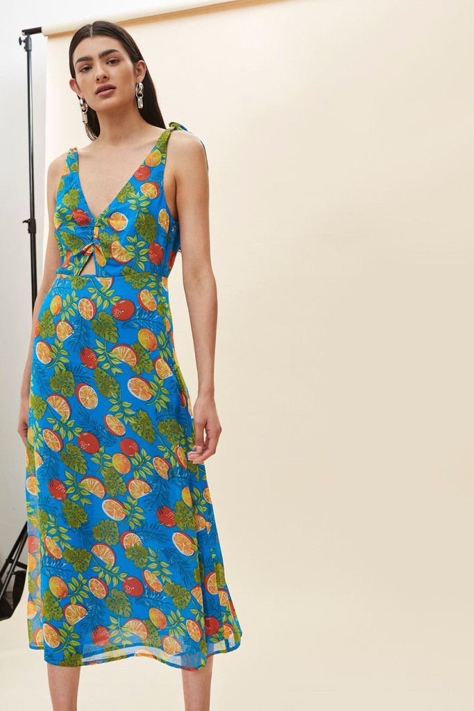 Topshop - Citrus Fruit Print Cut Out Tie Midi Dress on Designer Wardrobe