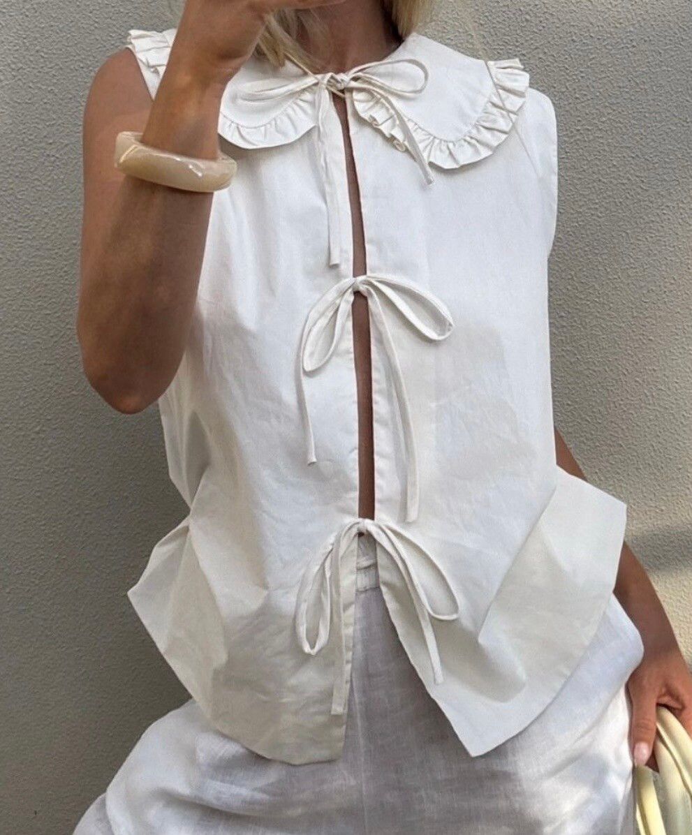 Vrg Girl Cream Sleeveless Top With Ruffled Collar