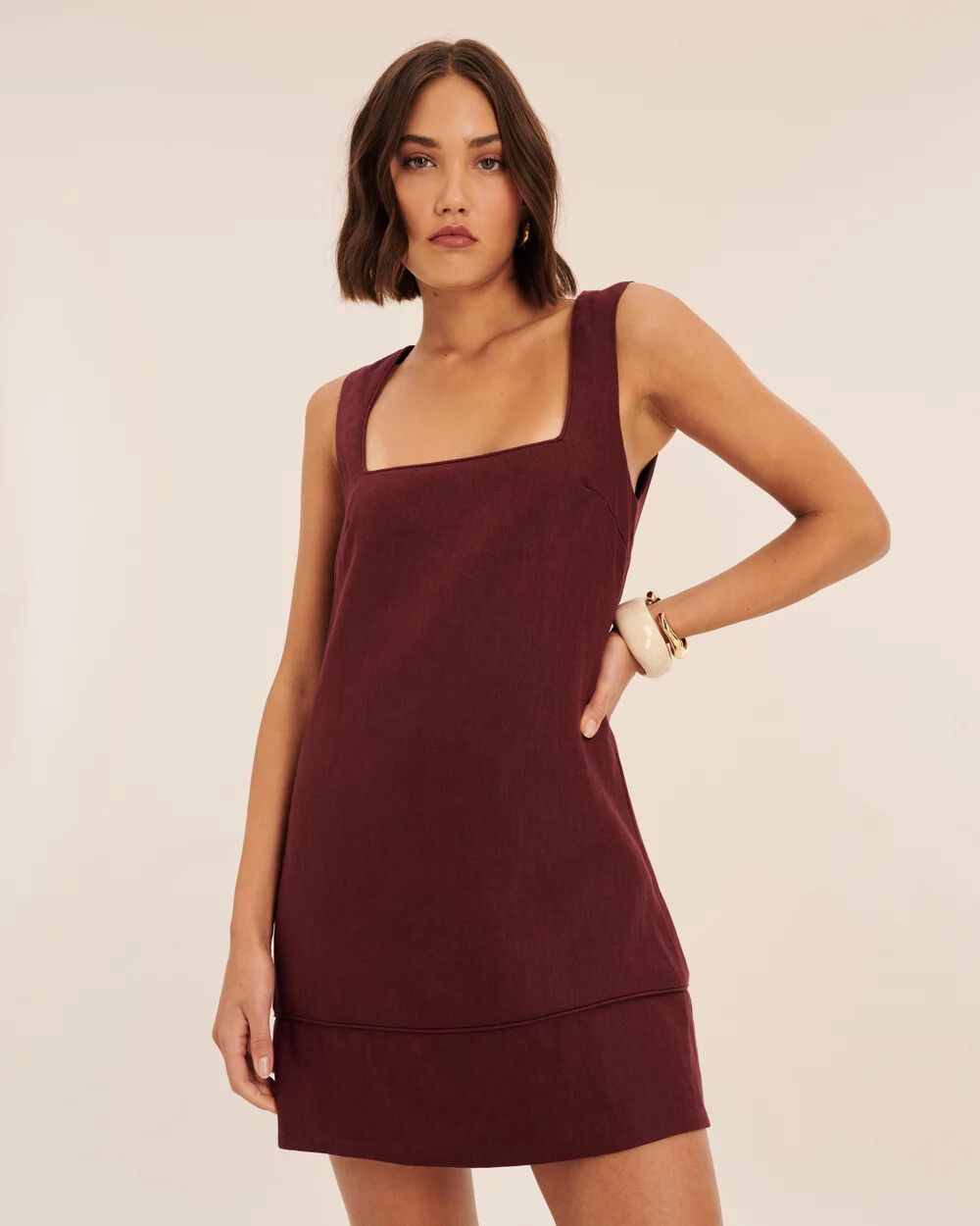 Aria Burgundy Linen Mini Shift Dress